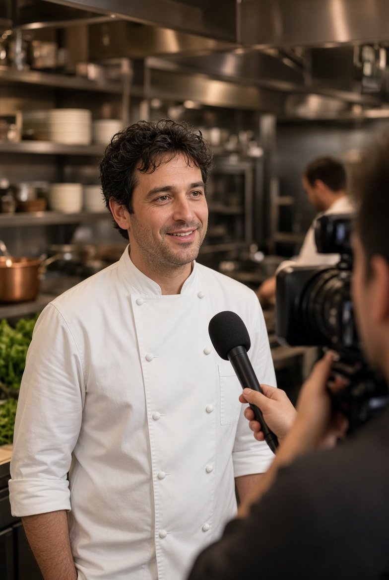Chef being interviewed on camera in restaurant kitchen