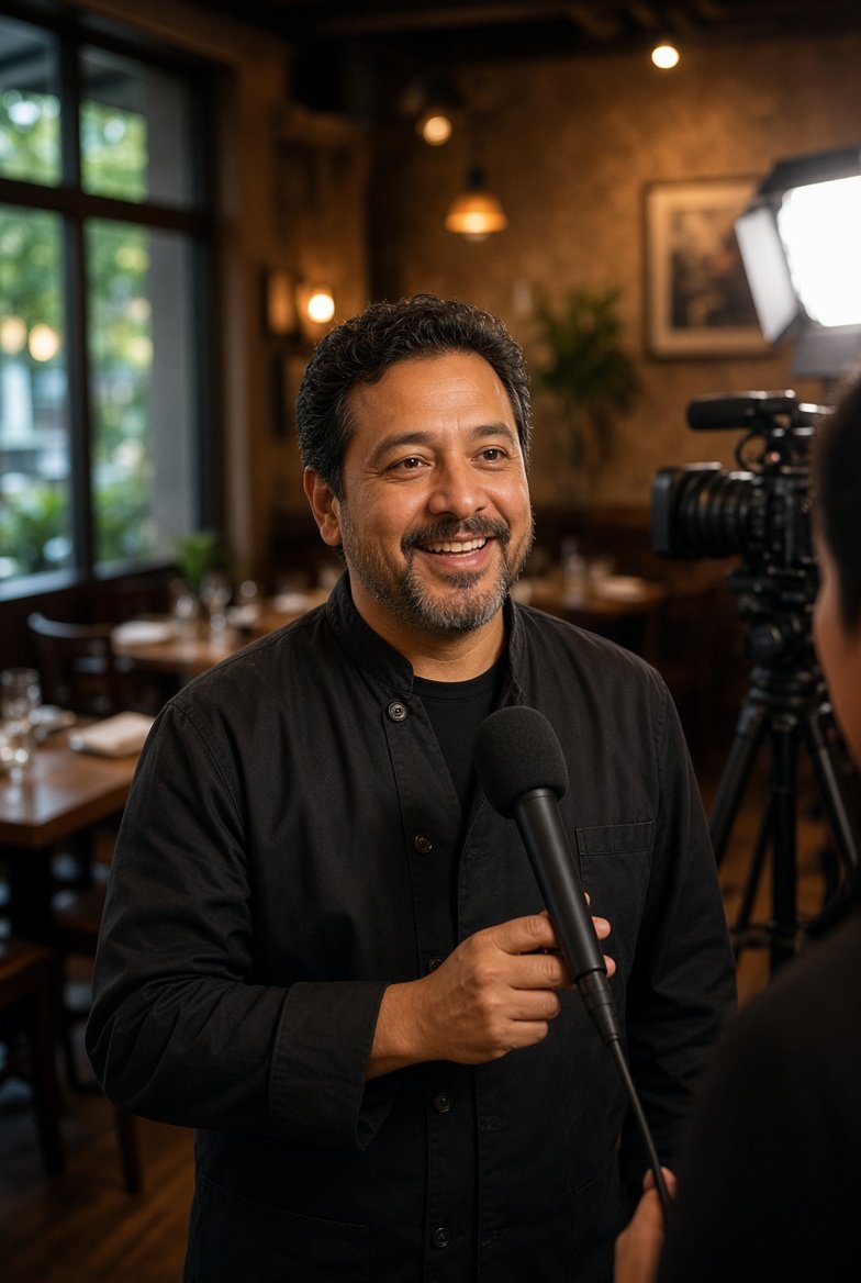 Restaurant owner on camera with lighting setup